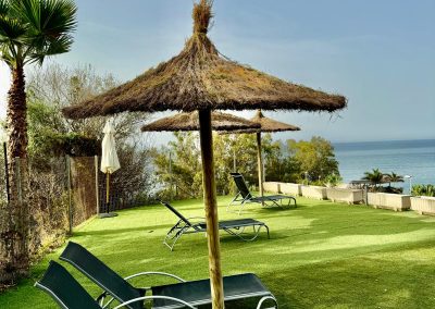 Dos tumbonas bajo una sombrilla de paja en una zona de césped cerca del mar en Bluebenalmadena, con más sillas, sombrillas, palmeras cerca y el océano brillando bajo un cielo azul claro.